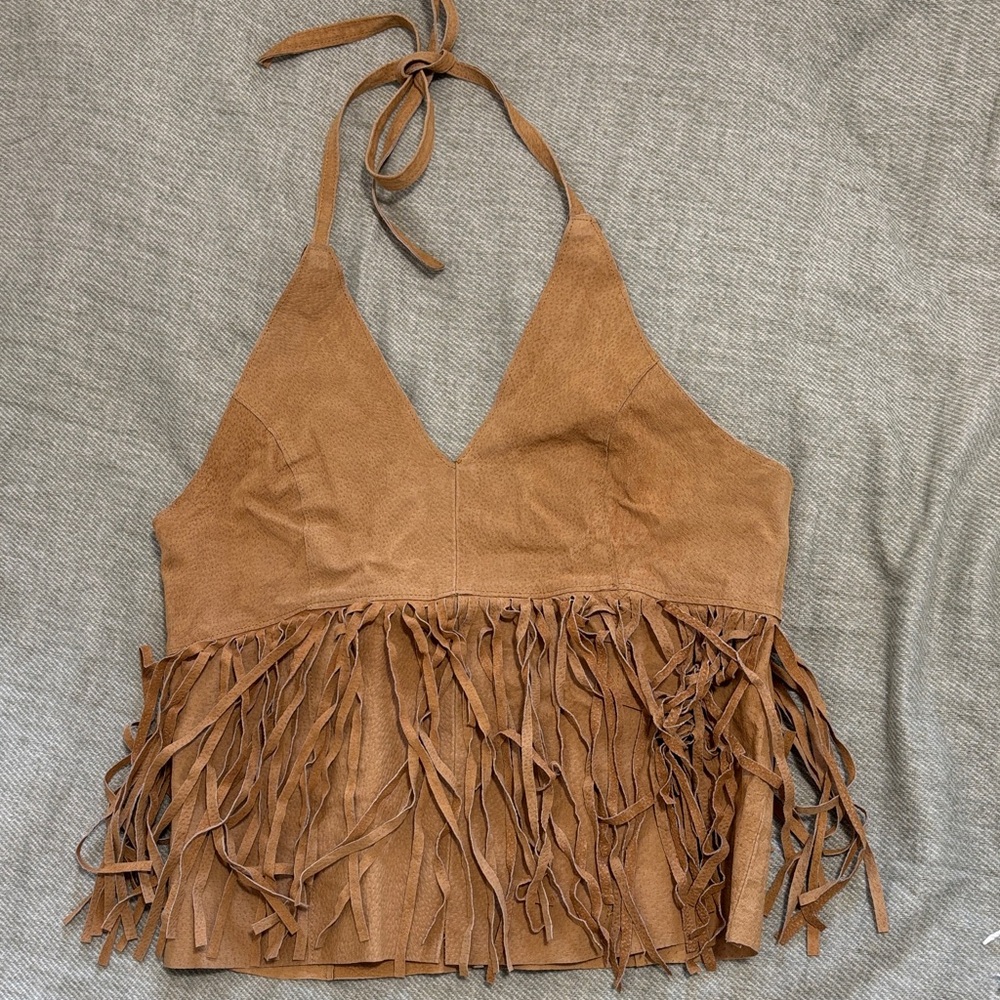 Fringed Leather Halter Top